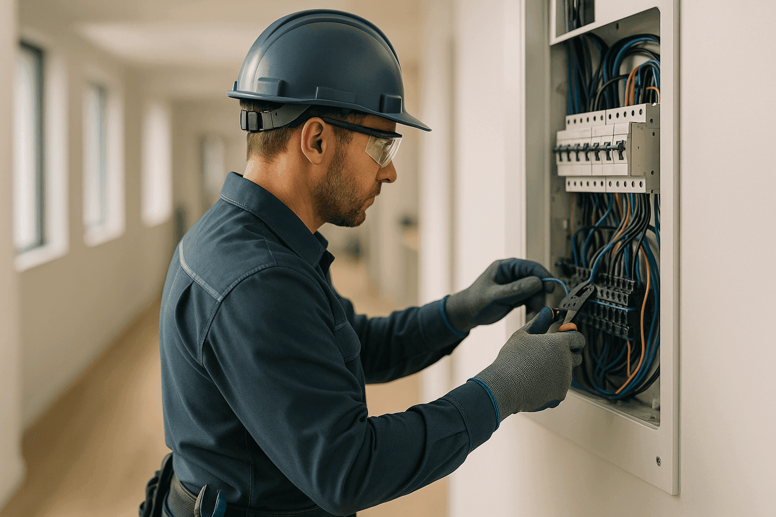 Electrician wearing safety gear working with wiring at a clean residential or commercial site