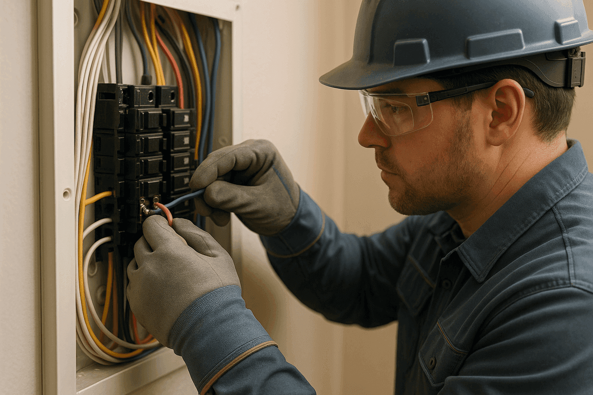 Close-up of electrician's gloved hands connecting wires inside a residential electrical panel